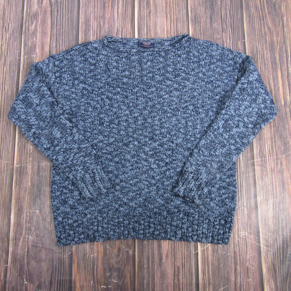 Chaps Sweater Mens Large Blue Denim‎ Chunky Knit Crewneck Pullover Metallic